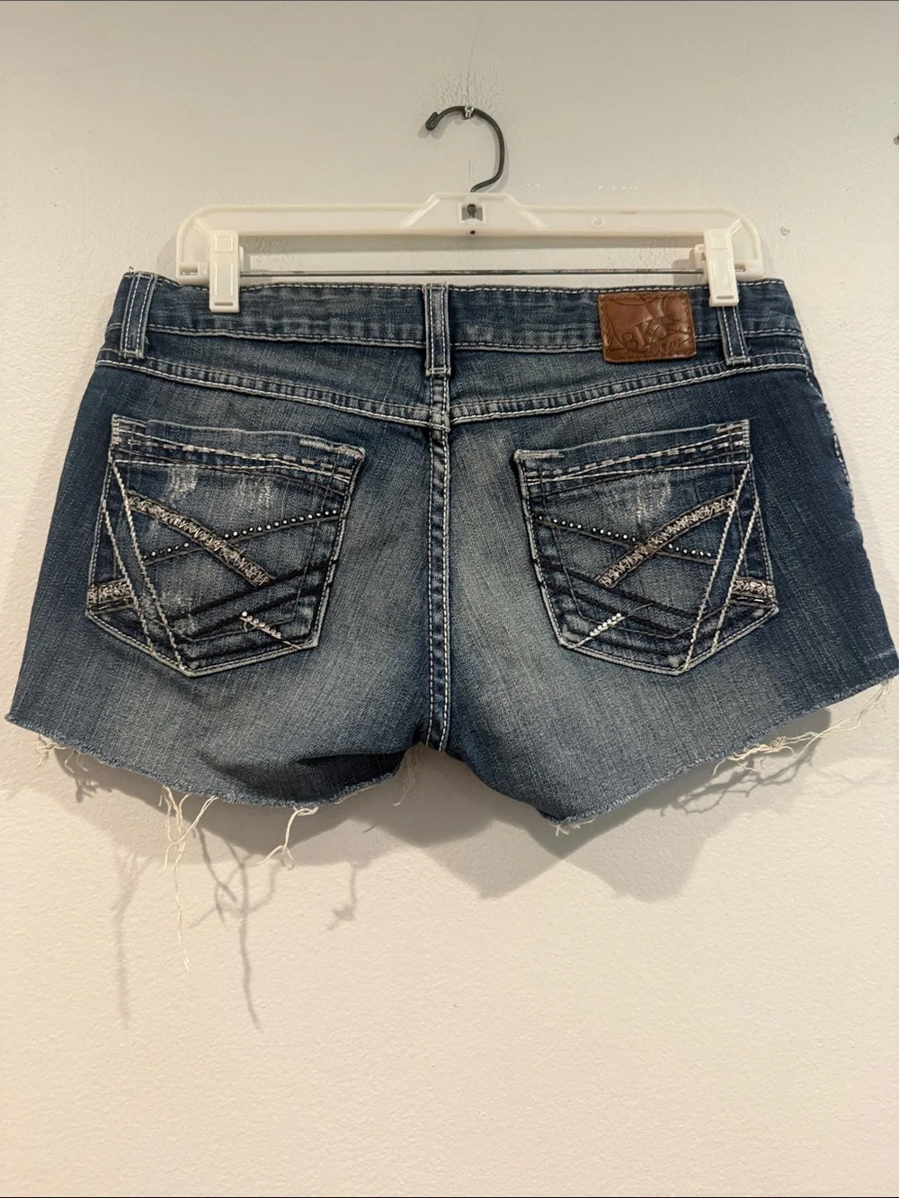 BKE Women's Dark Blue Distressed Frayed Hem Jean Shorts